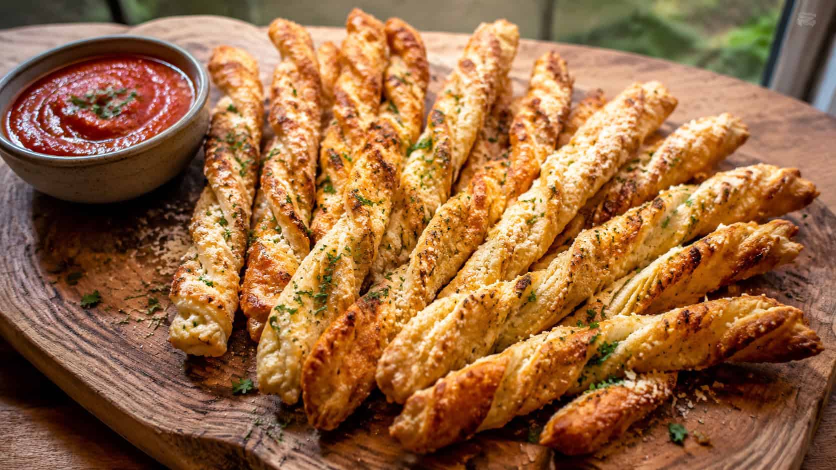 a wide board of golden crispy parmesan pastry twists arranged in a fan, a small bowl of marinara nearby, sprinkled with herbs, on a wooden surface, warm natural light, shallow depth of field, landscape orientation