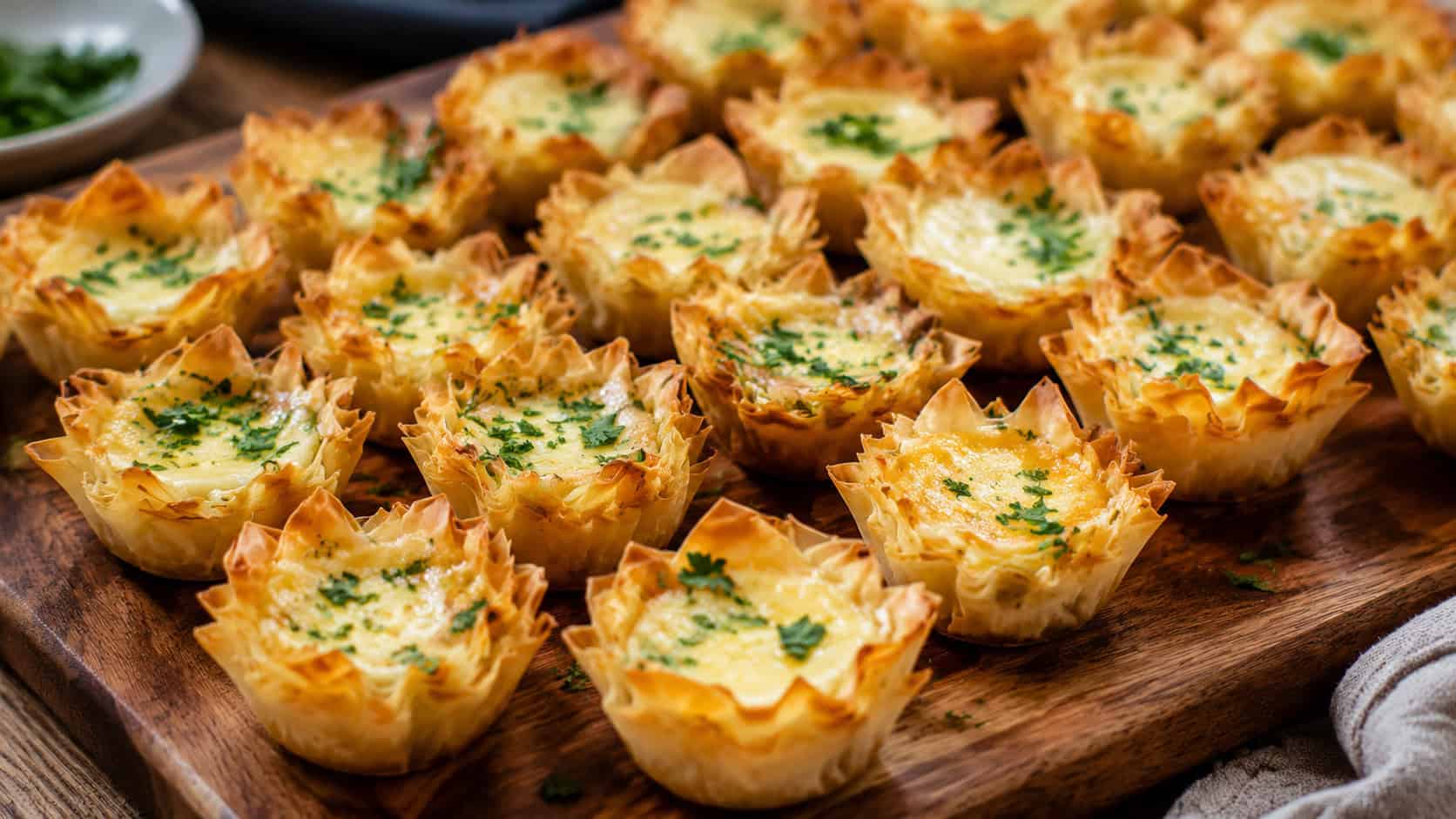 a wide tray of golden crispy phyllo cups filled with melted cheese, sprinkled with fresh parsley, arranged in neat rows, on a wooden board, warm natural light, shallow depth of field, landscape orientation