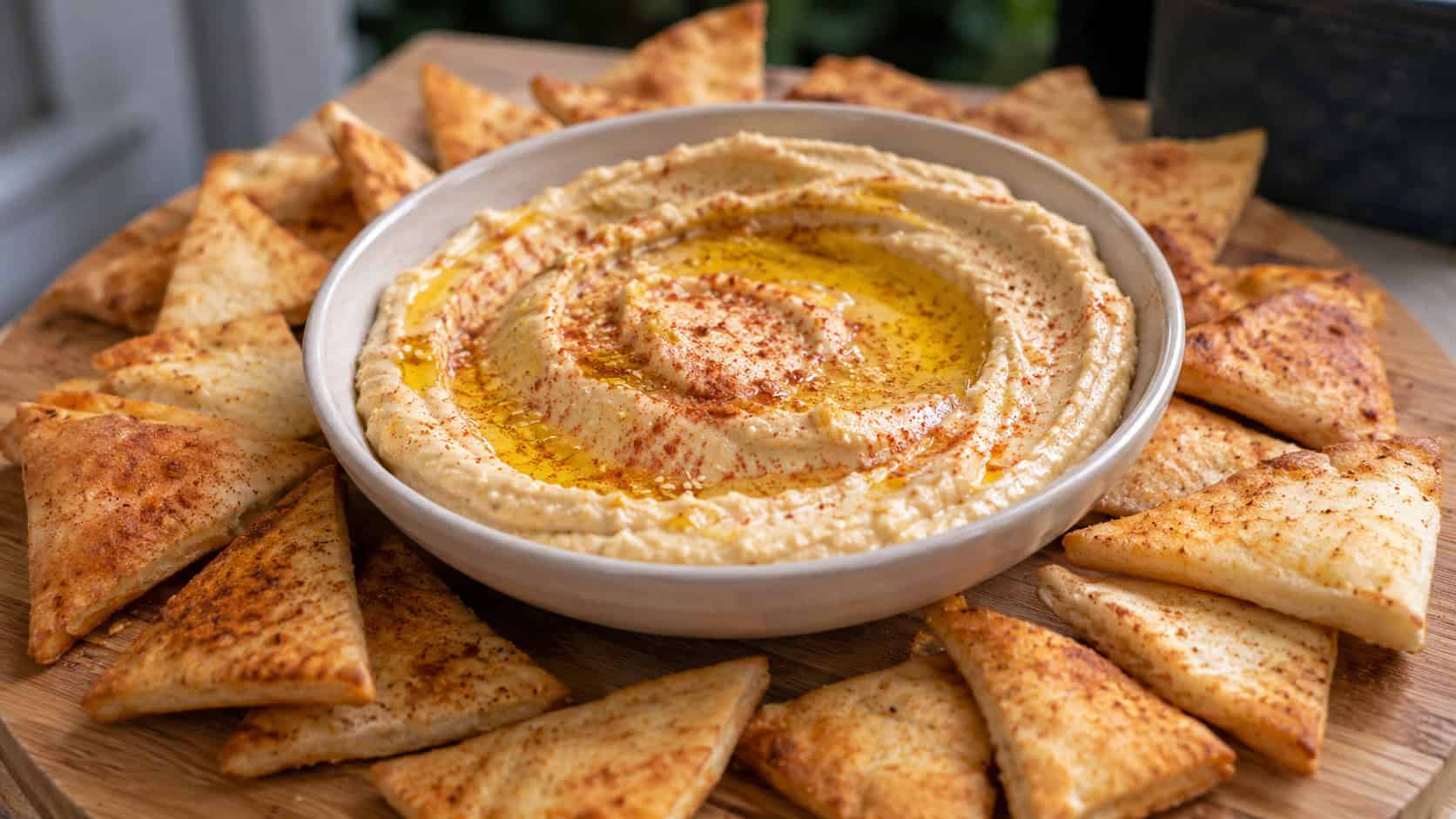 a wide bowl of creamy hummus swirled and drizzled with olive oil, surrounded by golden baked pita chip wedges, sprinkled with paprika, on a wooden board, natural light, shallow depth of field, landscape orientation
