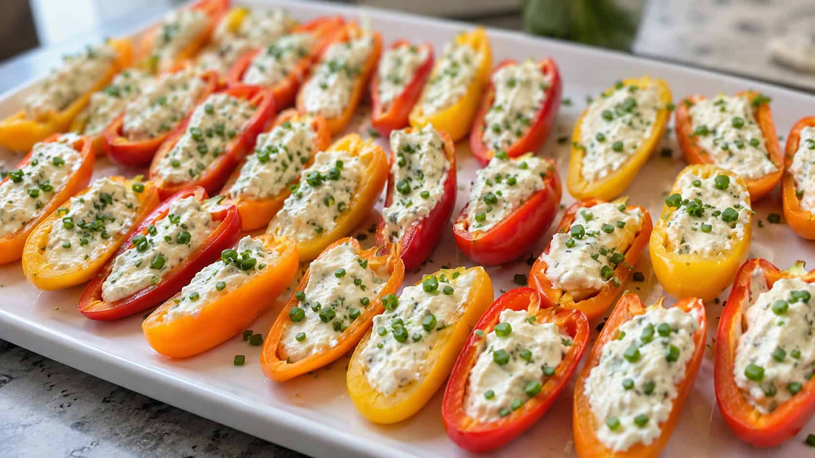 a wide tray of colorful red, yellow, and orange mini pepper halves filled with creamy cheese and sprinkled with chives, arranged in rows, on a white platter, natural light, shallow depth of field, landscape orientation
