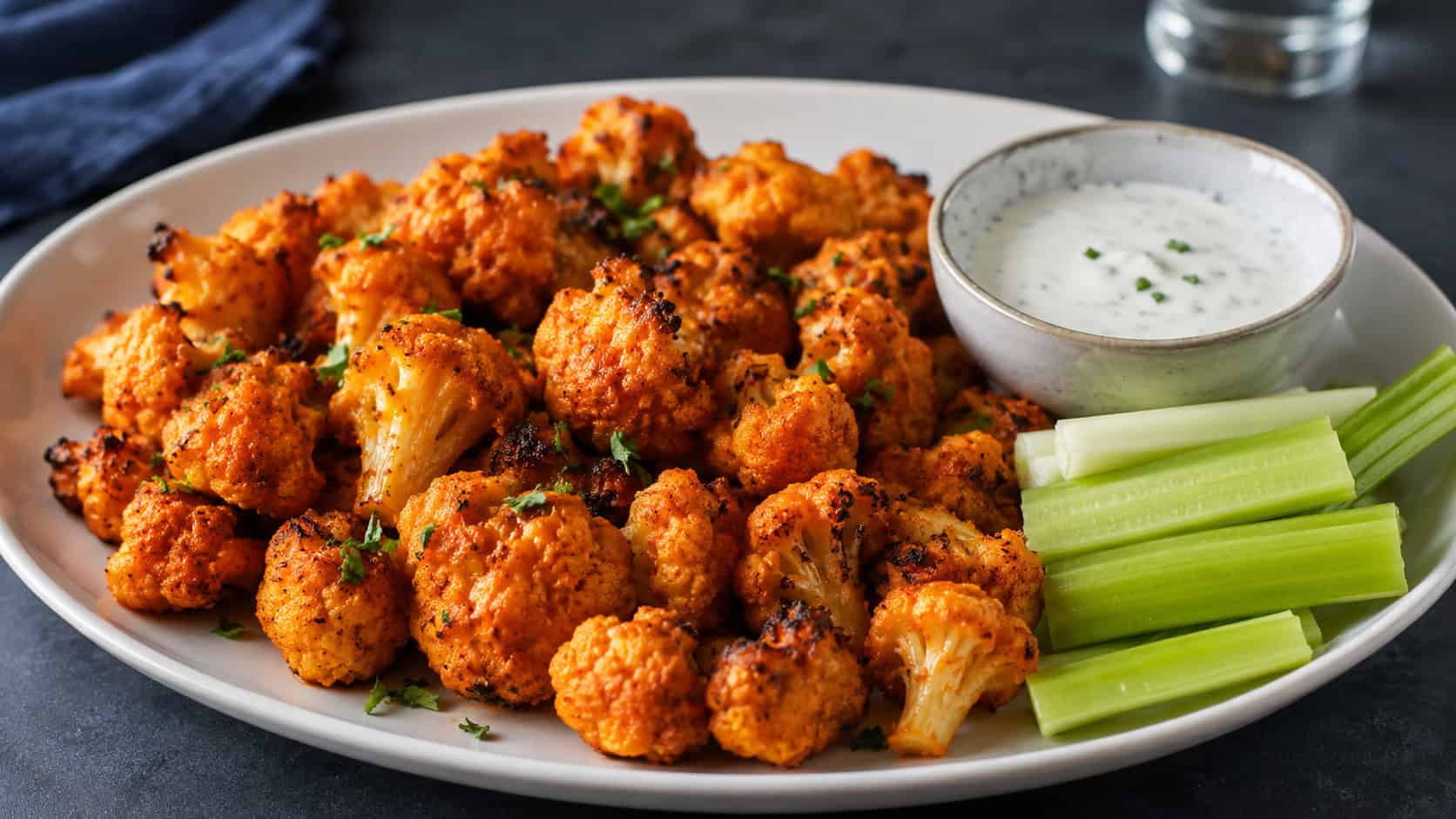 a wide platter of crispy orange buffalo cauliflower bites with a small bowl of ranch dressing and celery sticks, on a dark surface, natural light, shallow depth of field, landscape orientation