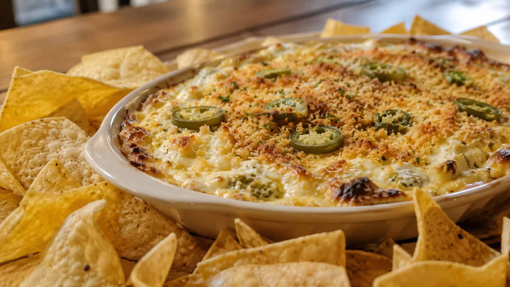 bubbling cheesy jalapeño popper dip topped with golden breadcrumbs in a baking dish surrounded by tortilla chips, in a wide horizontal shot, warm natural light, shallow depth of field, landscape orientation