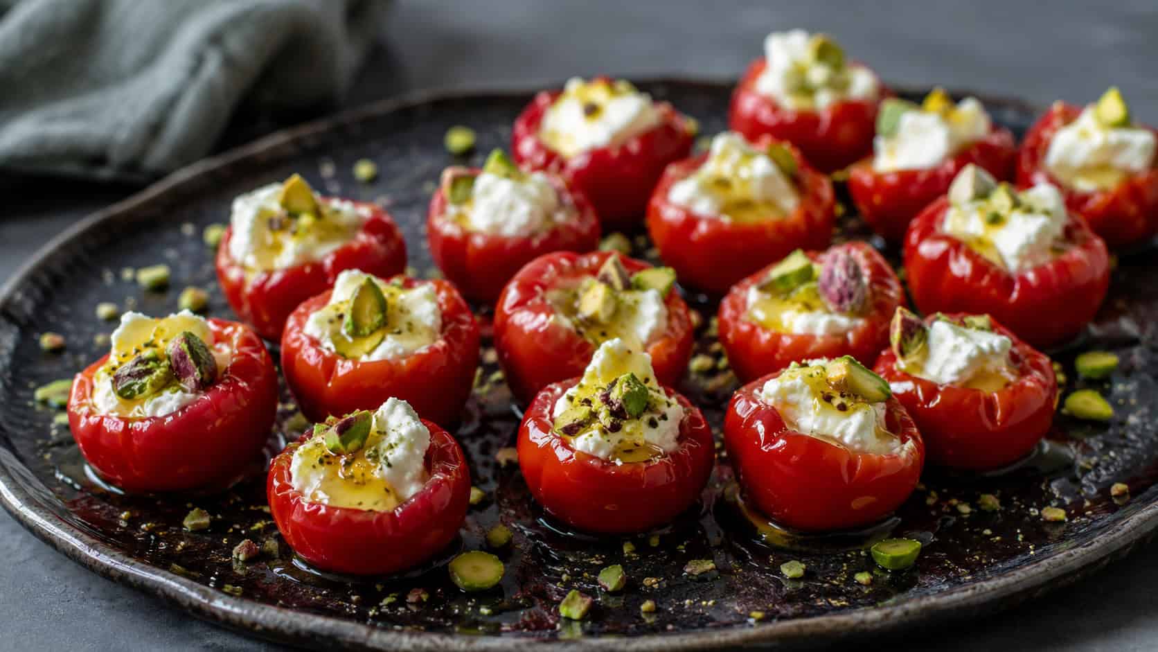 bright red peppadew peppers stuffed with creamy white goat cheese, drizzled with honey and sprinkled with pistachios, on a dark platter, in a wide horizontal shot, soft natural light, shallow depth of field, landscape orientation