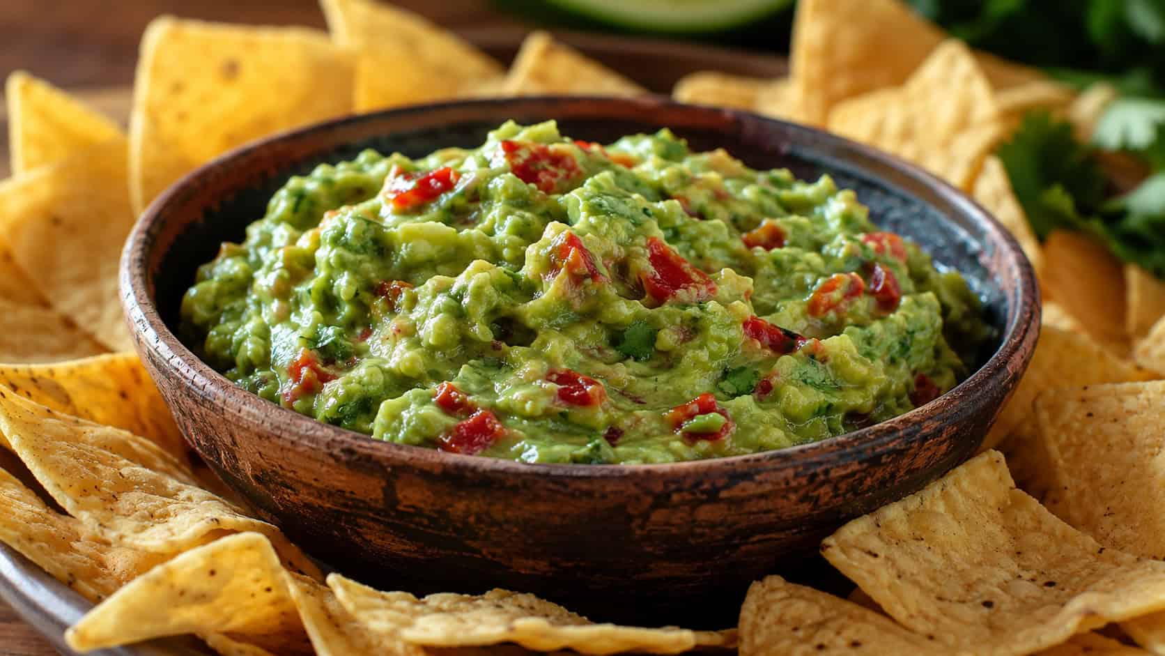 creamy guacamole flecked with smoky roasted red peppers and cilantro in a rustic bowl, surrounded by tortilla chips, in a wide horizontal shot, warm natural light, shallow depth of field, landscape orientation