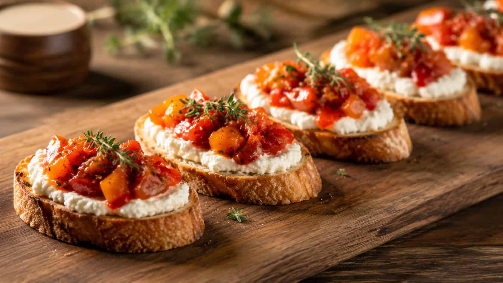 crostini topped with creamy ricotta and glossy sweet pepper relish, garnished with thyme, lined up on a long wooden board, in a wide horizontal shot, warm natural light, shallow depth of field, landscape orientation