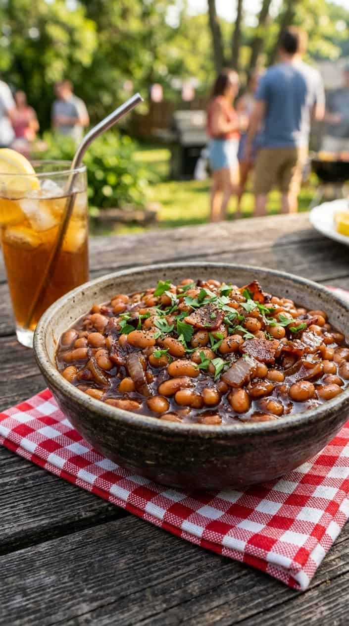 A bowl of BBQ baked beans on a wooden picnic table with summer picnic items and greenery in the background.