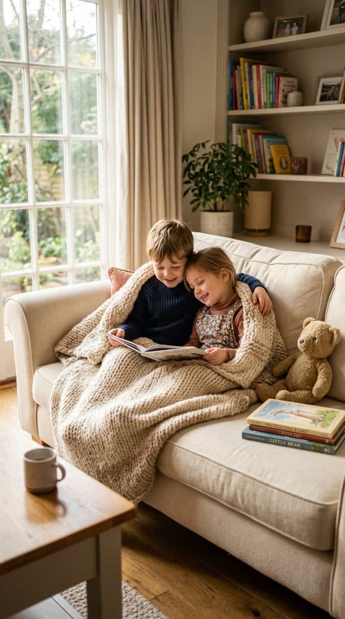 Two children sitting closely together under a blanket in a cozy living room, sharing a quiet and comforting moment.
