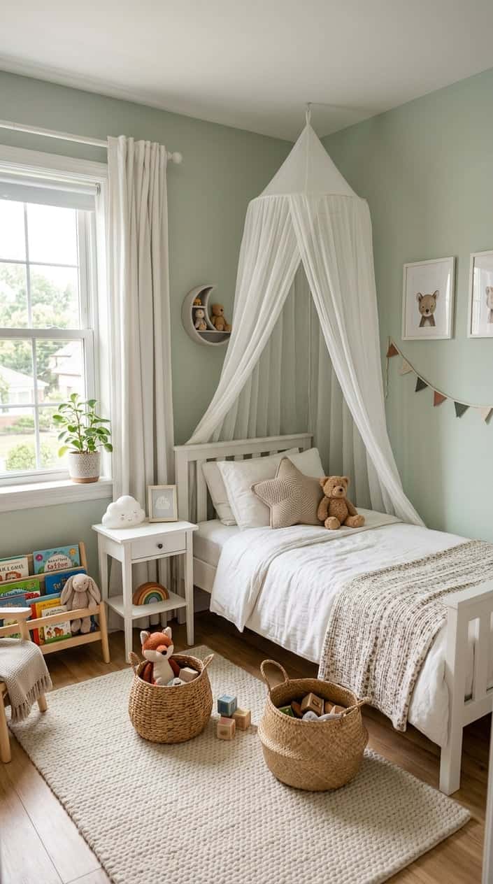 Small kids' bedroom with a white voile canopy draped from a single ceiling hook above the bed, soft white bedding below, and open floor space visible on either side.