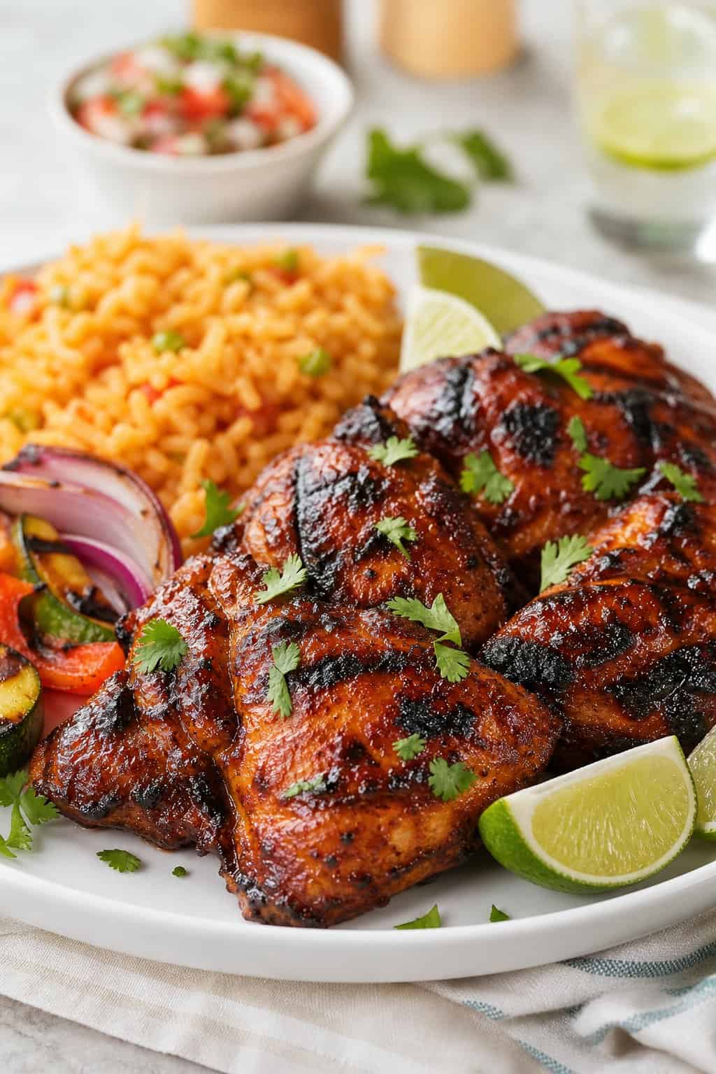 A plate of grilled adobo-marinated chicken served with rice, grilled vegetables, lime wedges, and fresh herbs.