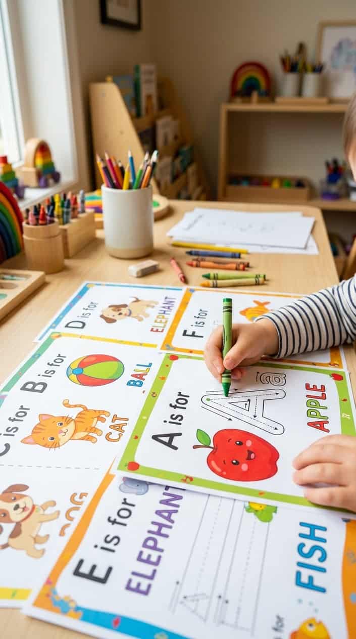 A child tracing letters on colorful alphabet coloring pages with fun objects on a well-lit workspace.