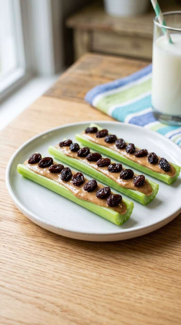 A plate with celery sticks spread with almond butter and topped with raisins.