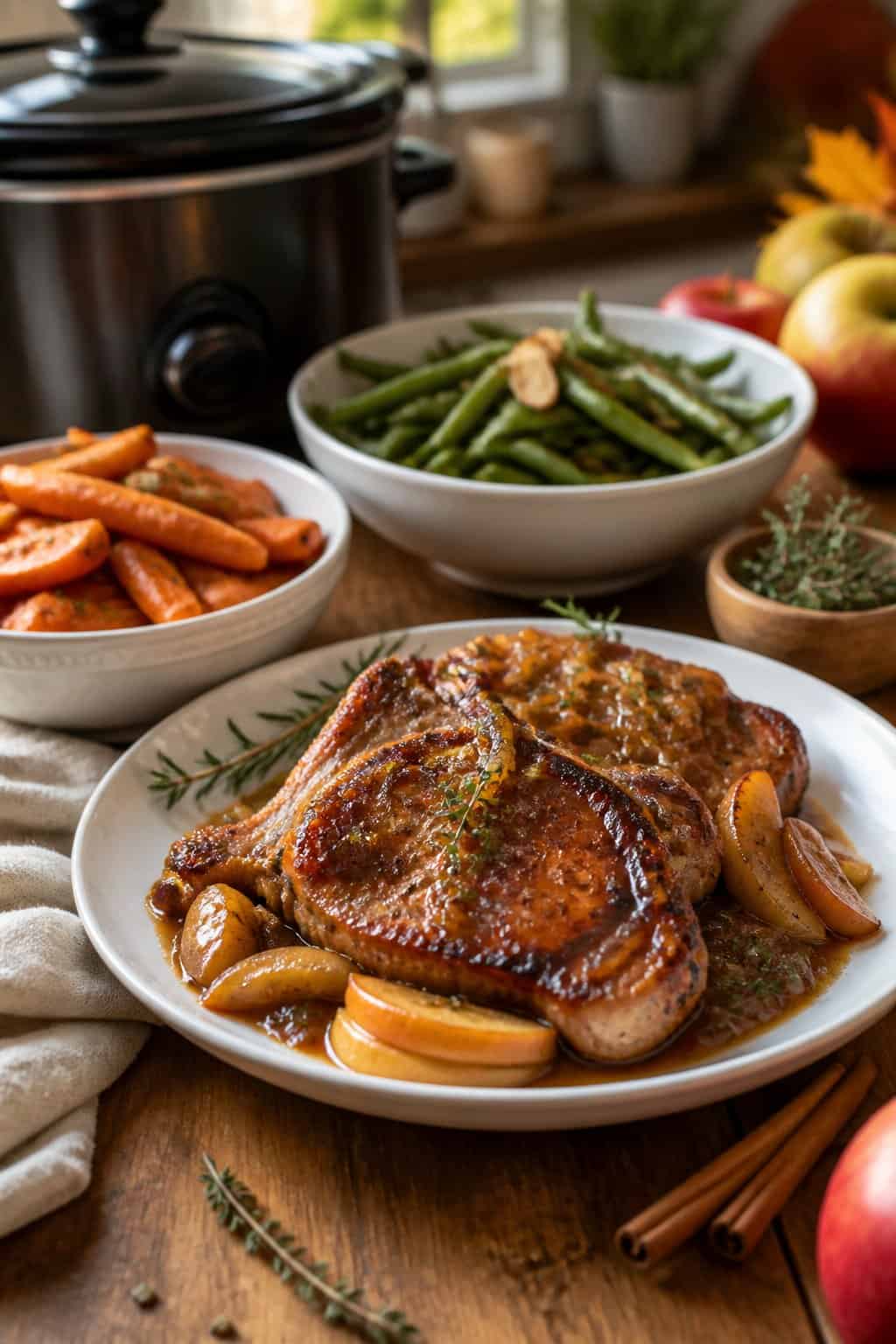 Plate of apple cider pork chops with roasted vegetables on a wooden table in a cozy kitchen setting.