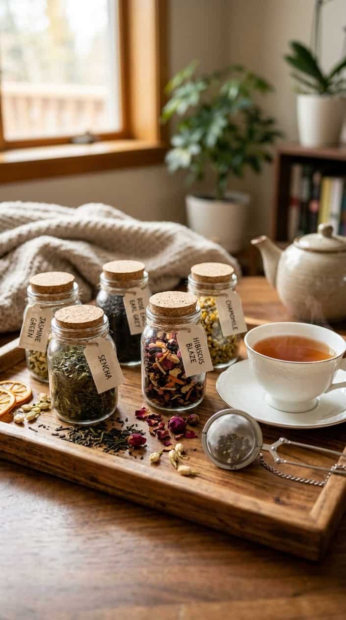 A wooden tray holding glass jars of colorful loose-leaf teas, a steaming white teacup, and a silver tea infuser, arranged on a warm, softly lit surface.