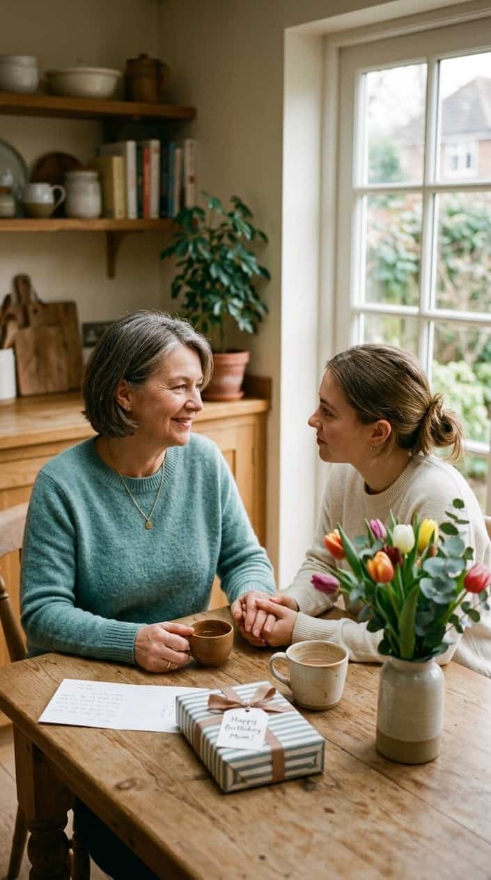 A middle-aged woman and a younger woman sitting at a kitchen table, holding hands and smiling warmly at each other.