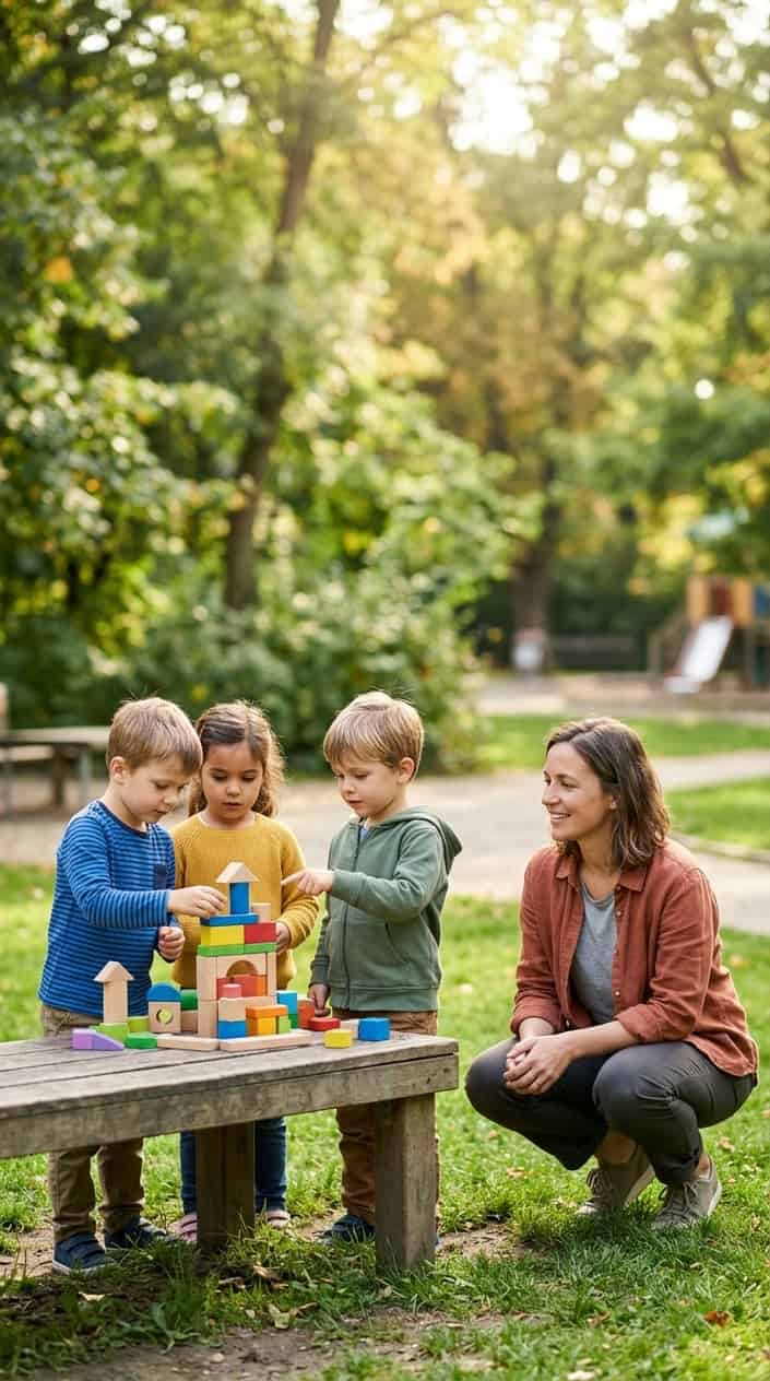 An adult watches three children playing and building together outdoors while giving them space to figure things out.