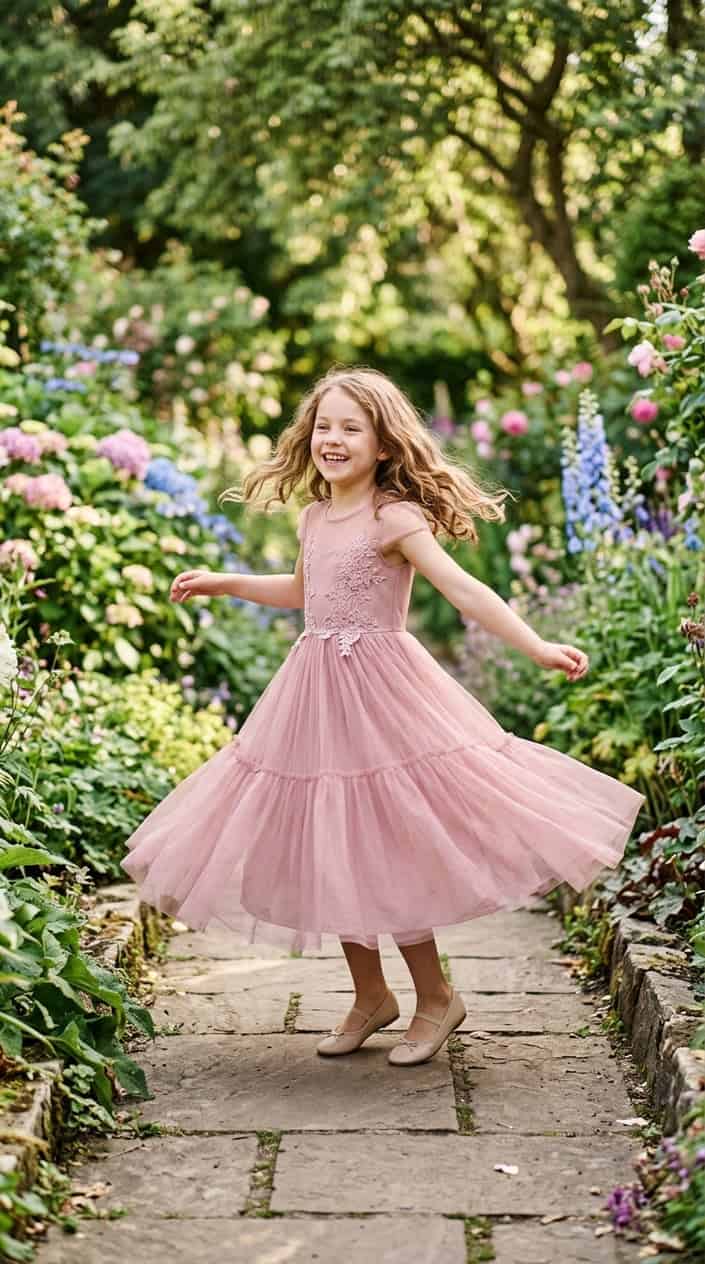 A young girl twirling happily in a midi princess dress outdoors surrounded by greenery and flowers.
