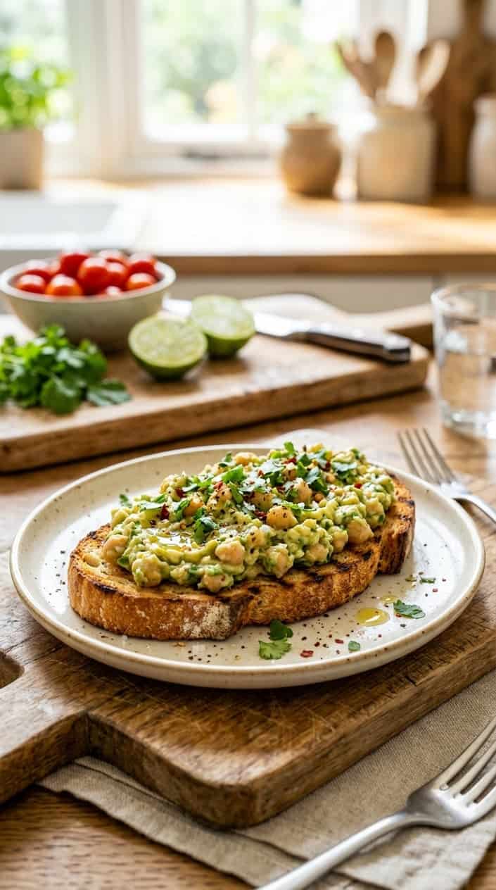 A slice of toasted sourdough topped with avocado chickpea smash garnished with herbs on a wooden board.