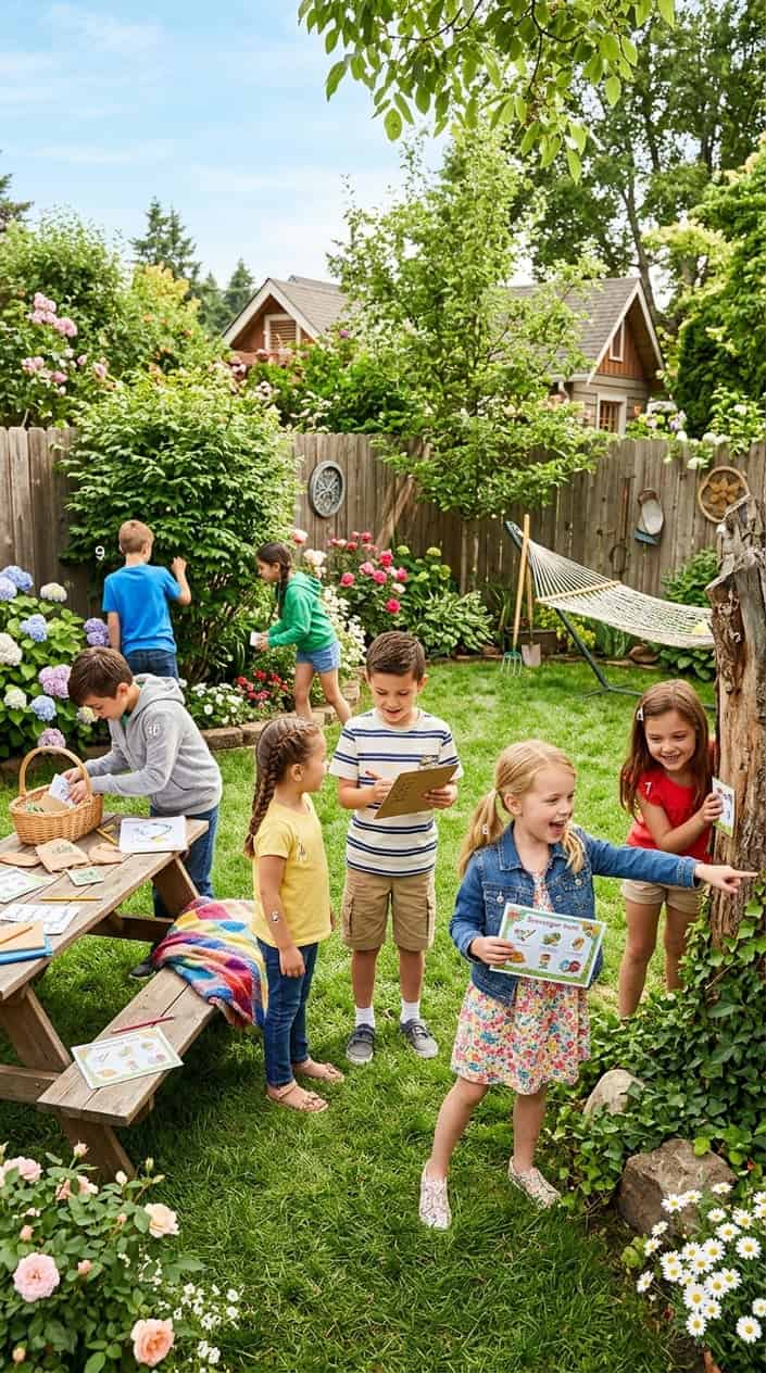 25 Kid Games for When 'I'm Bored' Has Been Said Three Times Before 10 AM 2 Children playing a scavenger hunt in a sunny backyard, looking at picture clues and searching among plants and grass.
