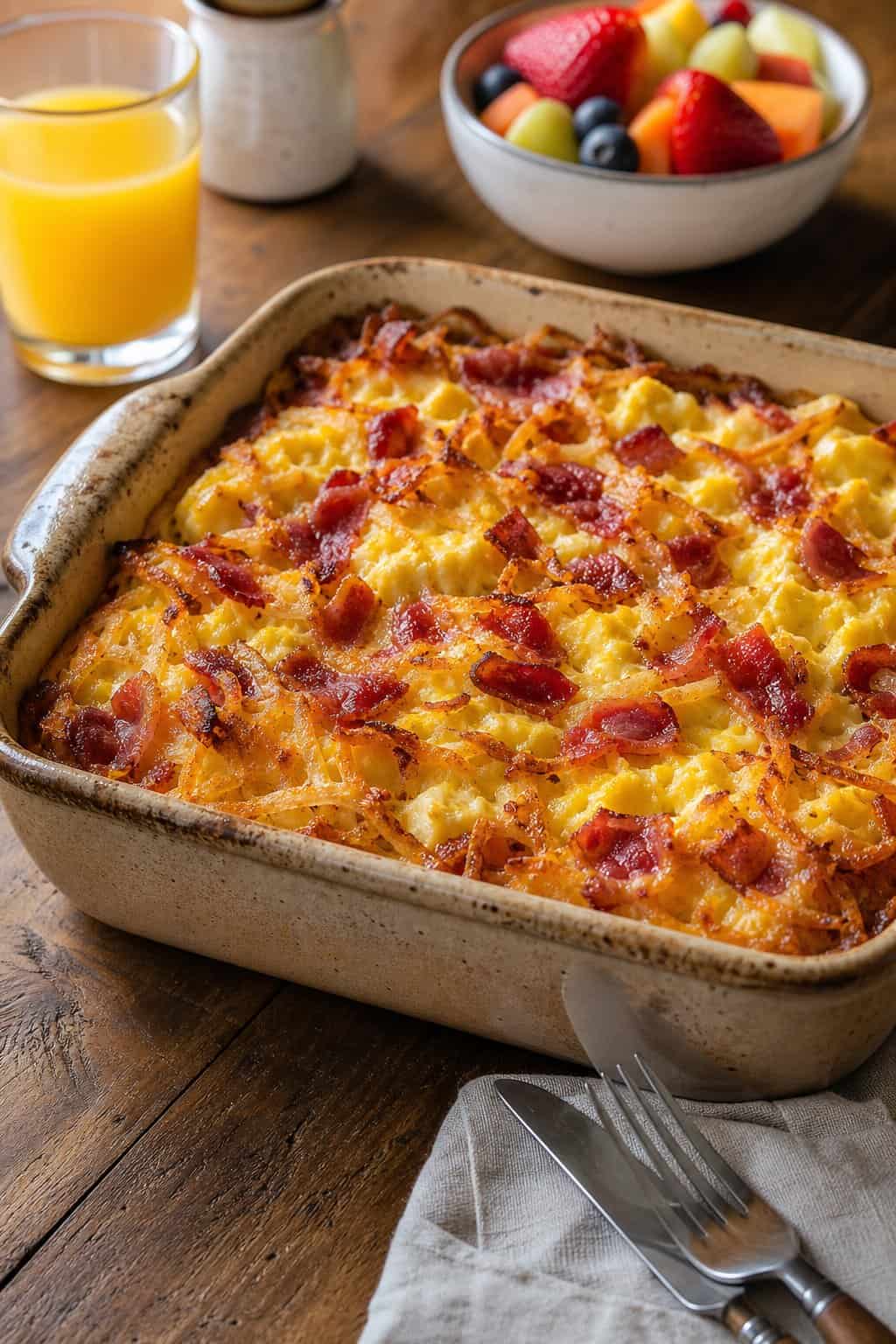 A baked breakfast casserole with crispy bacon pieces, egg custard, and shredded hashbrowns in a ceramic dish on a wood table with a fork and orange juice glass nearby.