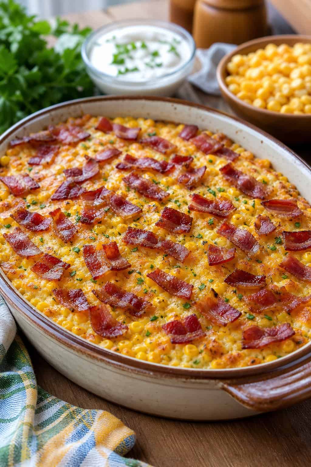 A bubbling corn casserole topped with a full layer of crispy bacon strips in a rectangular baking dish on a wooden table, with a bowl of shredded cheese and a pepper in the background.