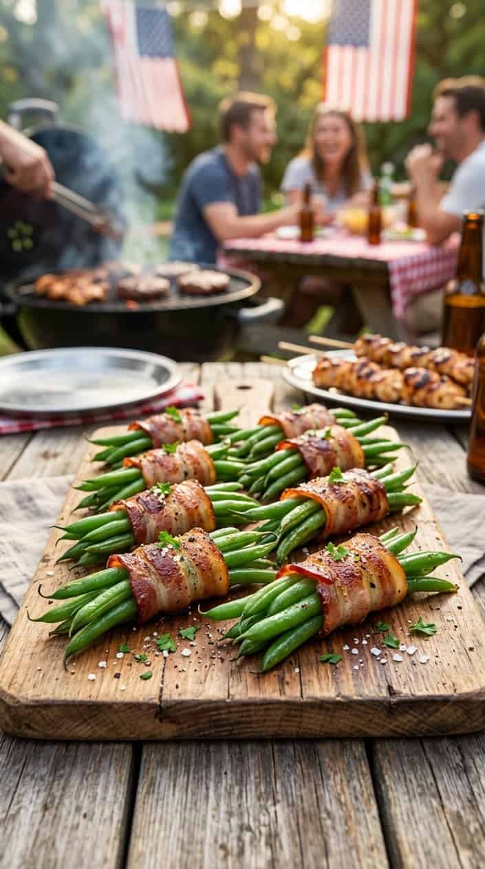 BBQ Side Dishes for a Memorial Day Cookout 5 Several bacon-wrapped green bean bundles arranged on a wooden serving board at an outdoor BBQ.