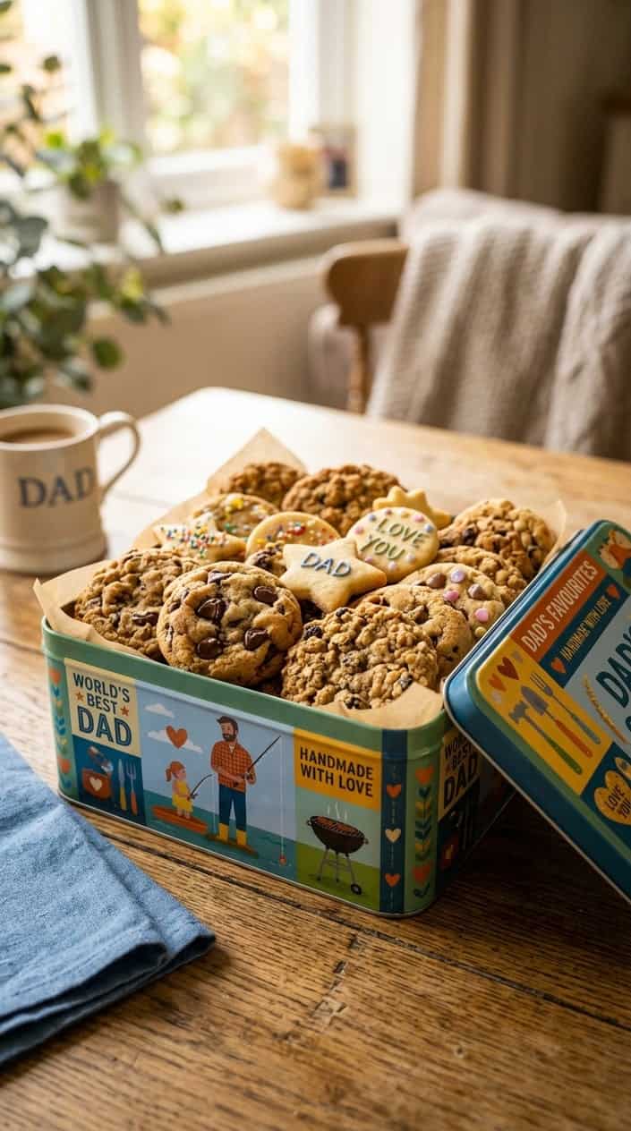 An open decorated tin filled with a variety of freshly baked cookies.