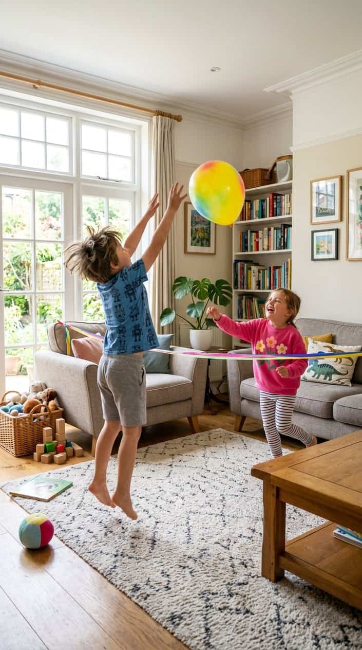 Two children playing balloon volleyball in a living room, hitting a balloon over a makeshift net.