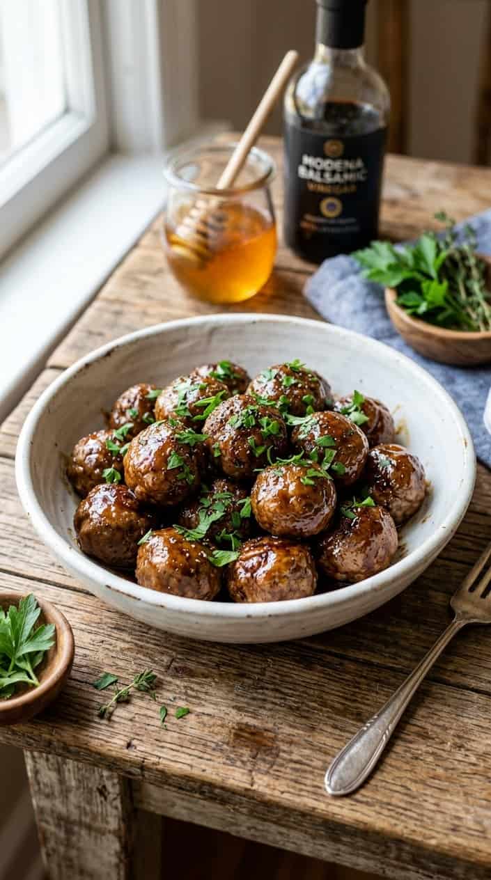 22 Slow Cooker Recipes I Come Back to on the Weeks Everything Falls Apart 21 A bowl of balsamic honey meatballs garnished with parsley on a wooden table with kitchen ingredients in the background.
