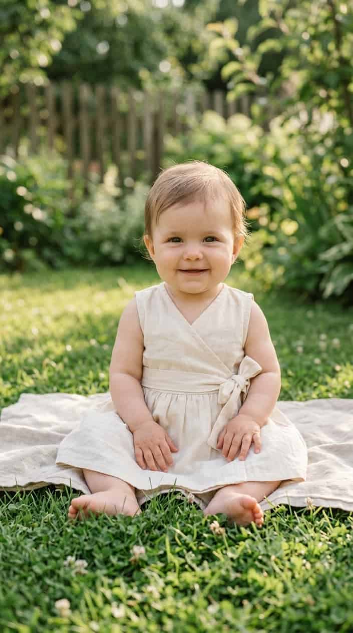 17 Baby Dress Designs for Summer That Are Actually Soft Enough to Wear 6 A baby sitting on grass outdoors wearing a light-colored wrap dress with a tie waist.