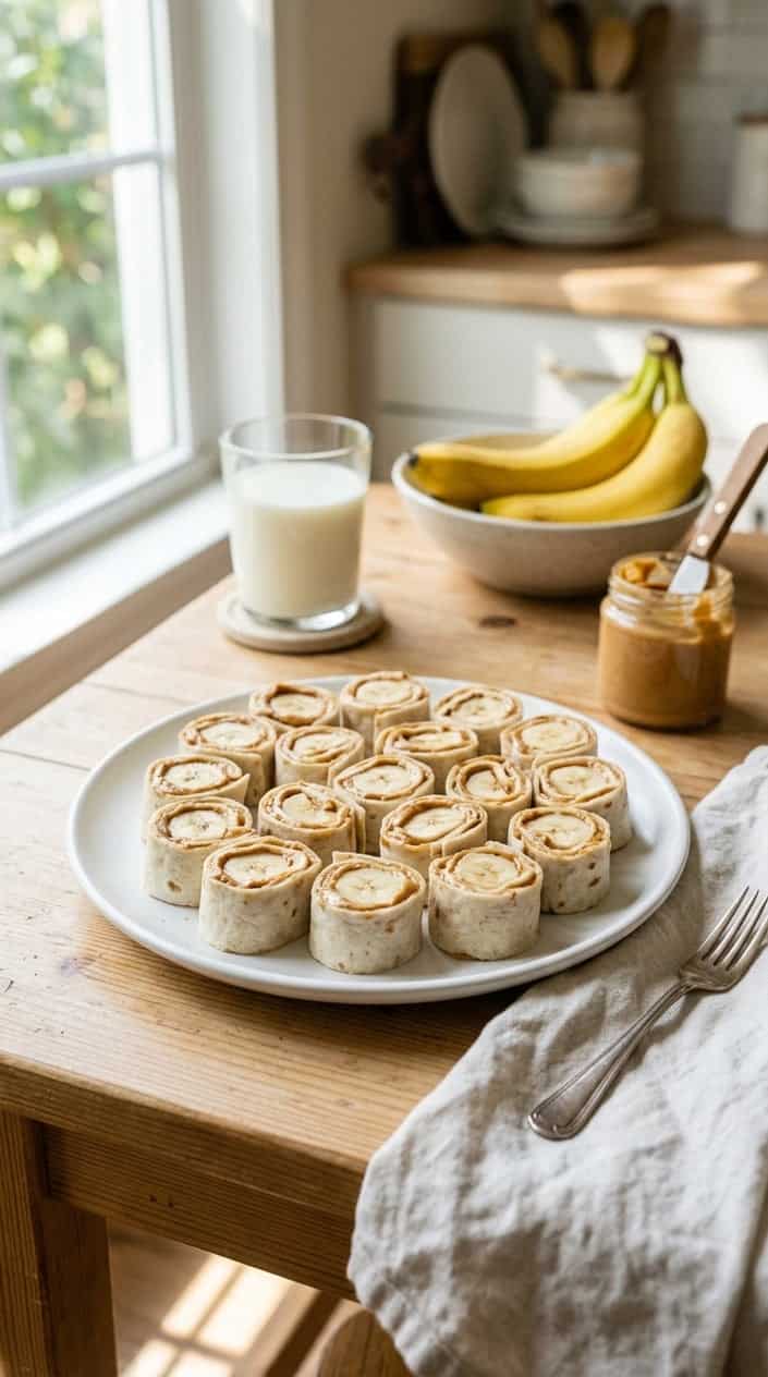 Plate of sliced peanut butter and banana roll-ups on a wooden table with fresh bananas and a glass of milk in the background.