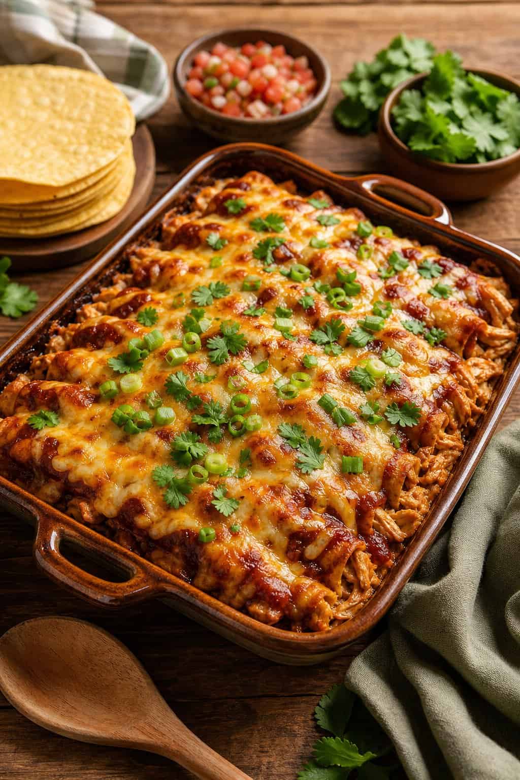 Enchilada Casserole Recipes That Feed a Crowd 15 A freshly baked BBQ chicken enchilada casserole in a ceramic dish with caramelized edges, topped with sliced green onions and fresh cilantro, with a jar of BBQ sauce and a bowl of tortillas visible nearby on the wooden table.