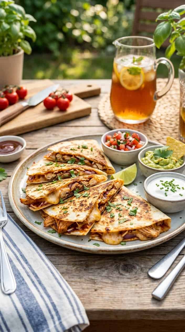 17 Summer Dinner Ideas When You're Tired of Grilling and Also Tired of Thinking 13 A white plate stacked with golden-brown quesadilla wedges showing melted orange cheese and dark shredded chicken at the cut edges, with small bowls of red salsa, white sour cream, and chunky guacamole arranged around the plate.