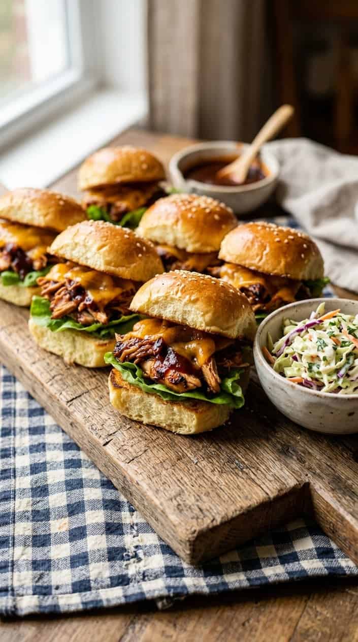 Close-up of BBQ chicken sliders with melted cheese and lettuce on a wooden board, accompanied by a bowl of creamy coleslaw.