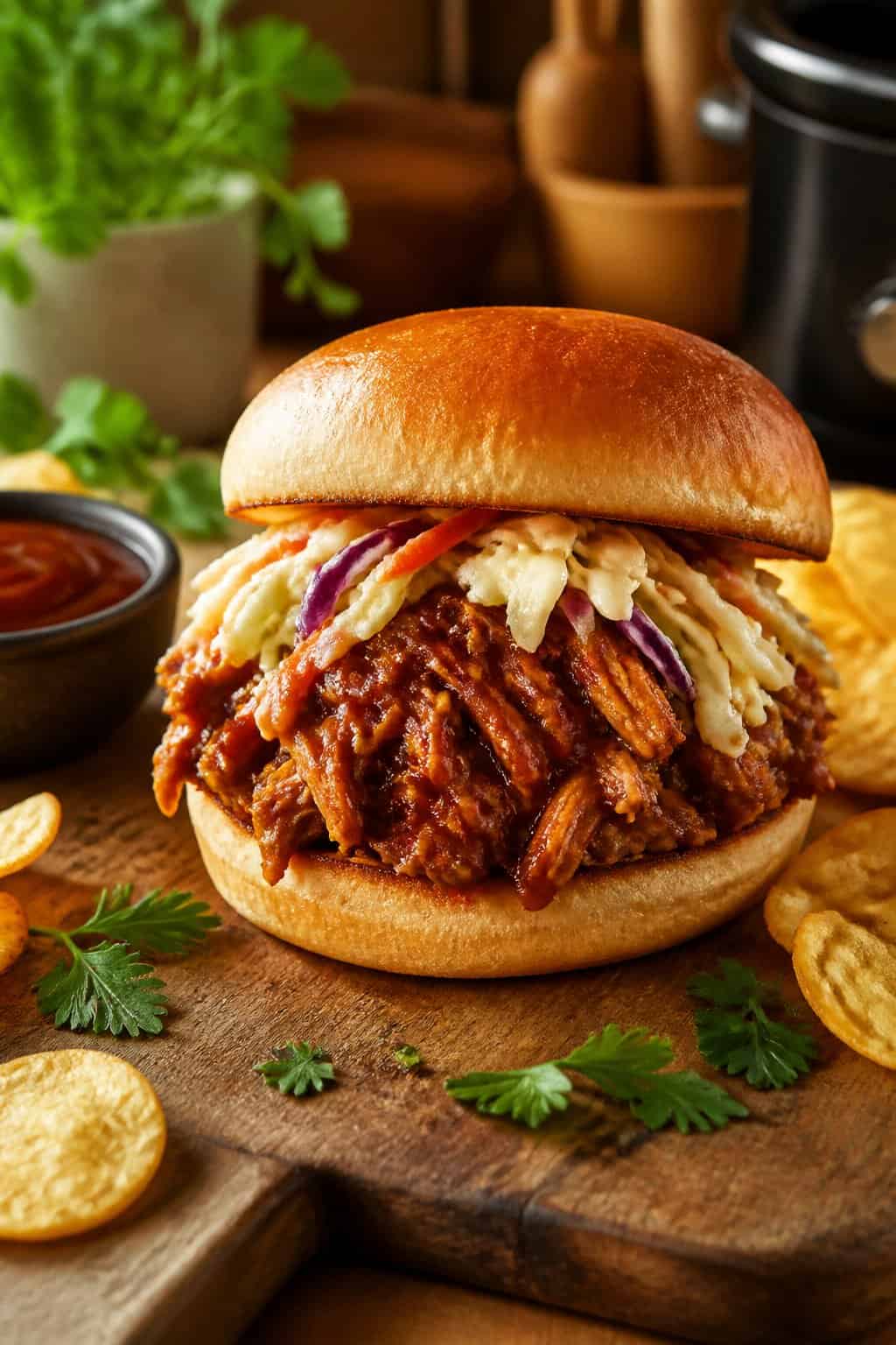 A pulled chicken sandwich with barbecue sauce and coleslaw on a toasted bun, served with potato chips on a wooden table.