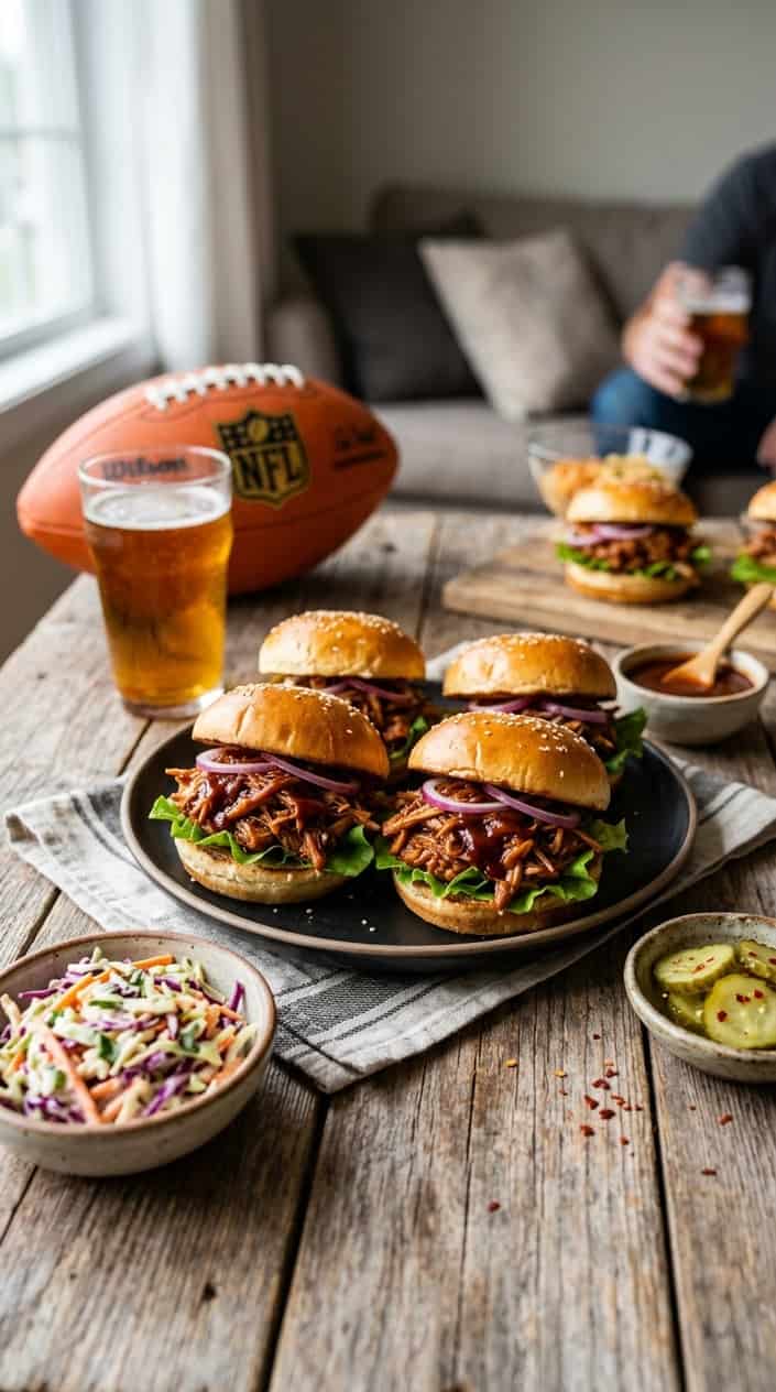 Plate of BBQ pulled jackfruit sliders with lettuce and onions on a wooden table, accompanied by side dishes and a beverage in a casual game day setting.