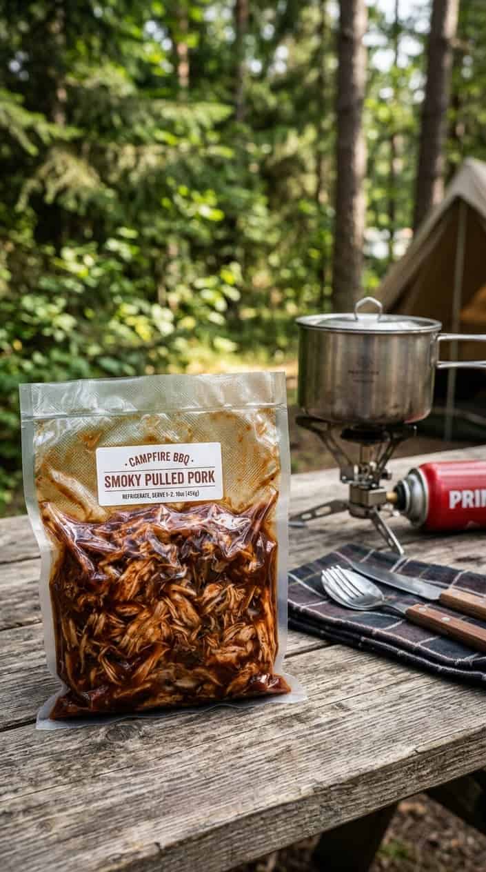 17 Camping Meals You Can Prep Ahead and Heat Over a Single-Burner Stove 13 Vacuum-sealed bag of BBQ pulled pork on a wooden camping table with camping stove and gear in the background.