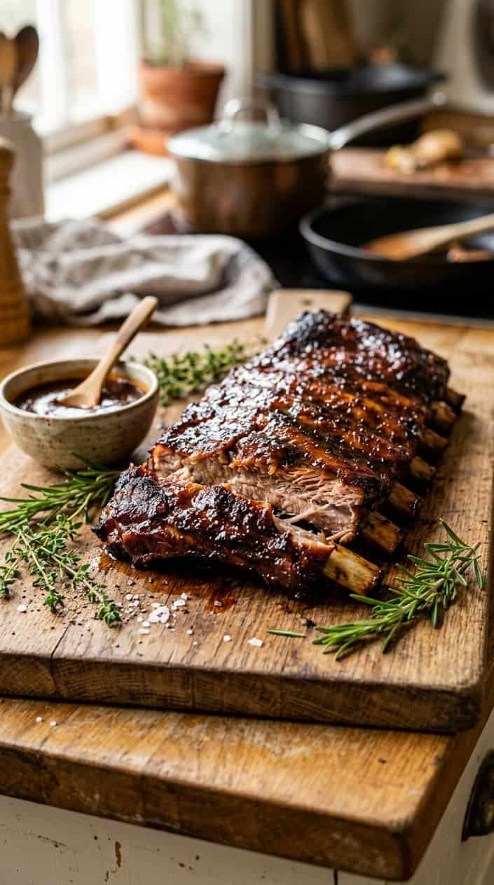 22 Slow Cooker Recipes I Come Back to on the Weeks Everything Falls Apart 15 Close-up of glazed BBQ ribs with brown sugar rub on a wooden board, garnished with herbs and barbecue sauce.