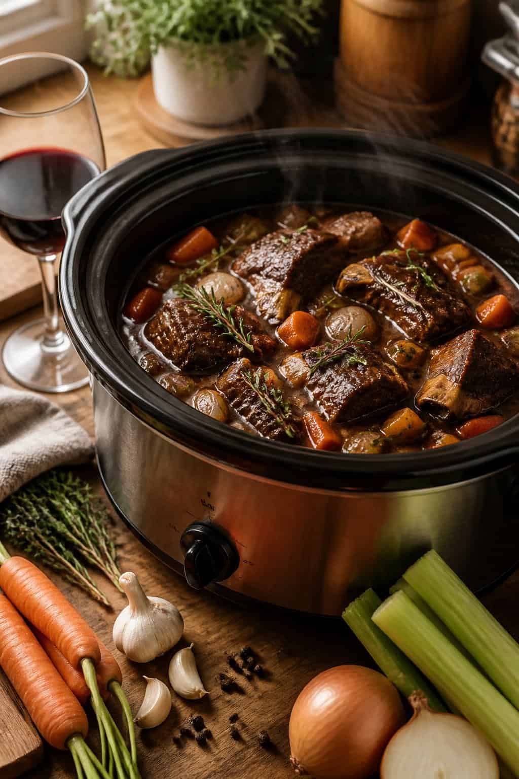 A crockpot filled with beef short rib and red wine stew on a wooden countertop surrounded by fresh vegetables and herbs, with a glass of red wine nearby.
