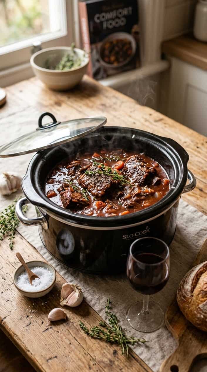Slow cooker filled with beef short ribs in red wine sauce, garnished with thyme, on a wooden table with cooking ingredients around.