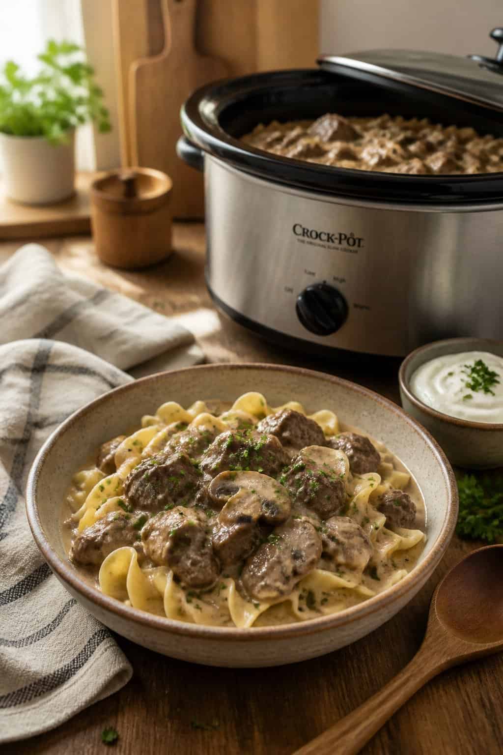 A bowl of beef stroganoff with noodles and mushrooms on a wooden table next to a slow cooker and kitchen utensils.