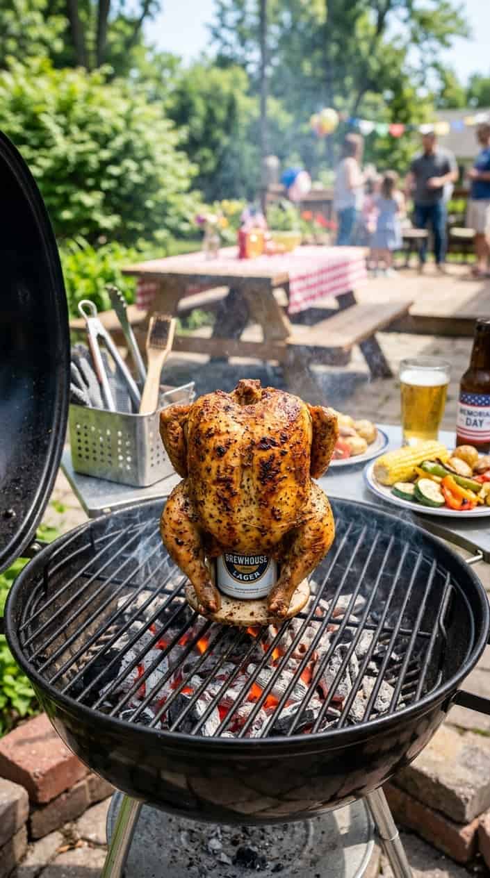 A whole beer-can chicken cooking upright on a barbecue grill outdoors with glowing coals and smoke.