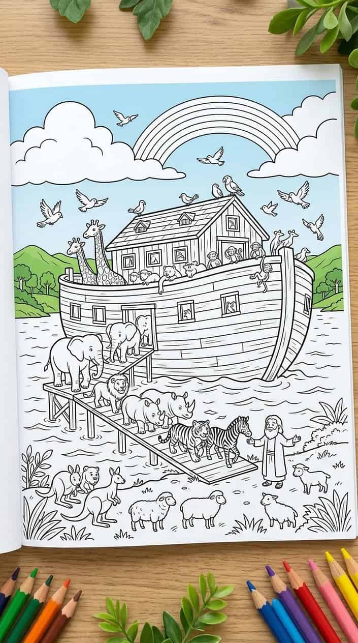 24 Free Printable Coloring Pages That Actually Hold a Kid's Attention 12 Noah's Ark floating on water with pairs of animals boarding, surrounded by hills and a rainbow.