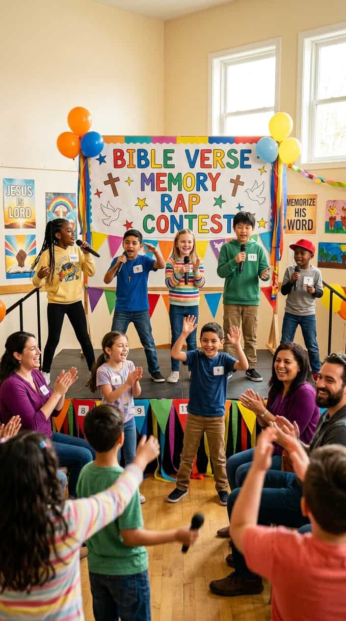 A group of children energetically performing a rap contest indoors, with adults encouraging them in a colorful, decorated room.