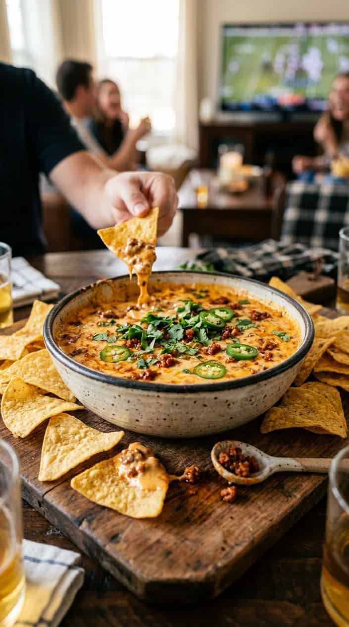 A bowl of melted queso with chorizo, garnished with cilantro and jalapeños, surrounded by tortilla chips on a wooden board.