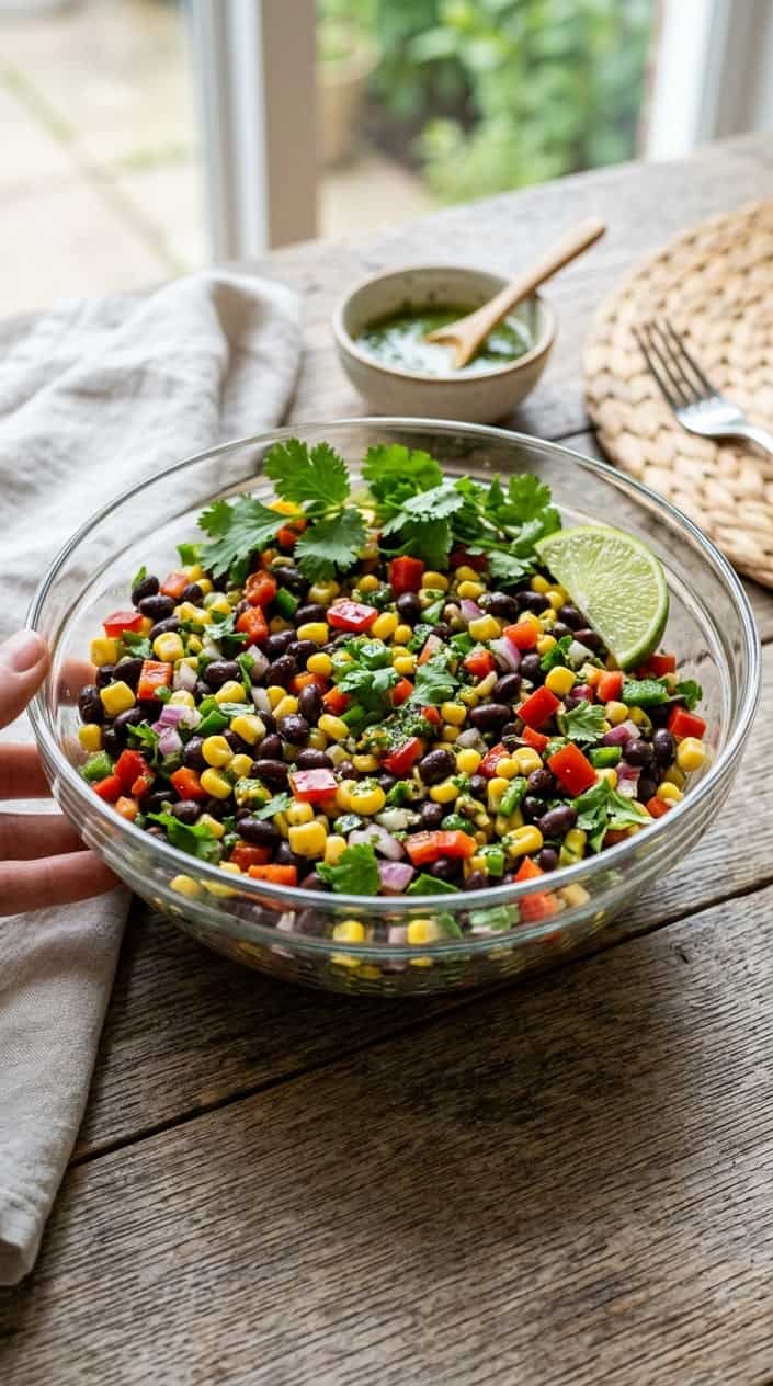 Summer Meals That Skip the Oven 20 A bowl of black bean and corn salad with cilantro and lime dressing on a wooden table.