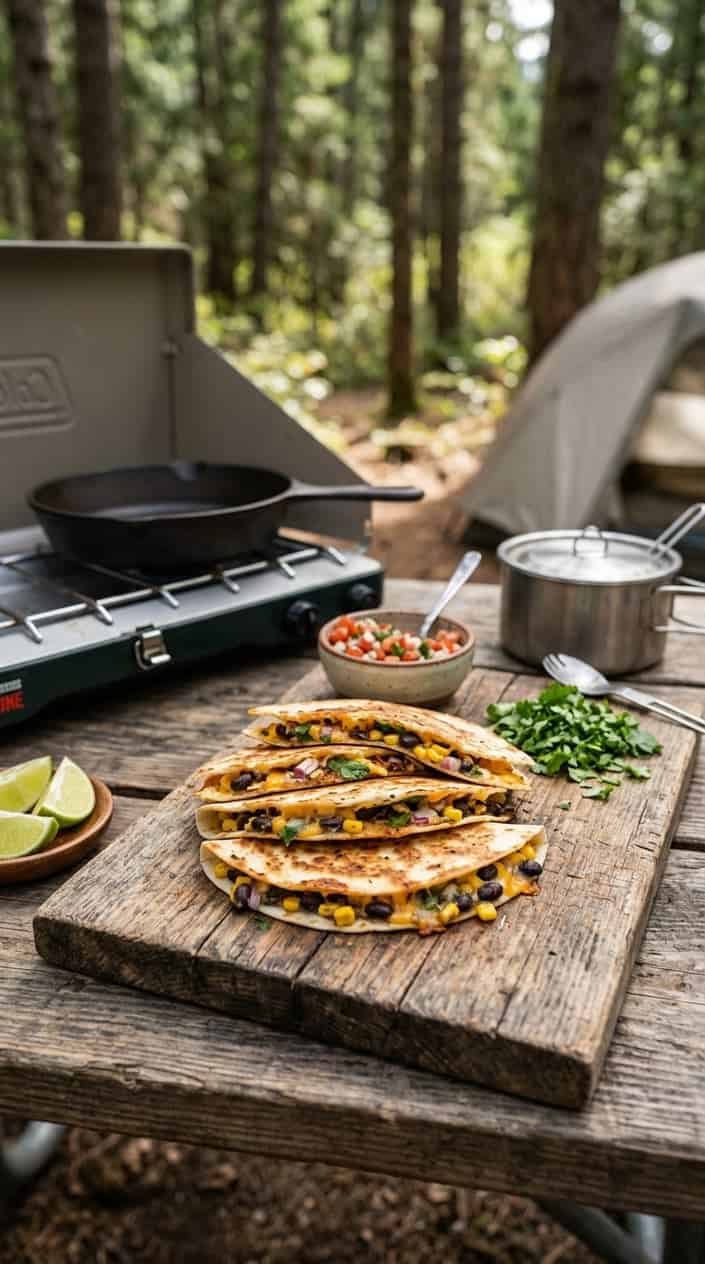 17 Camping Meals You Can Prep Ahead and Heat Over a Single-Burner Stove 18 Pre-assembled black bean and corn quesadillas on a wooden board with camping cookware and fresh ingredients in an outdoor setting.