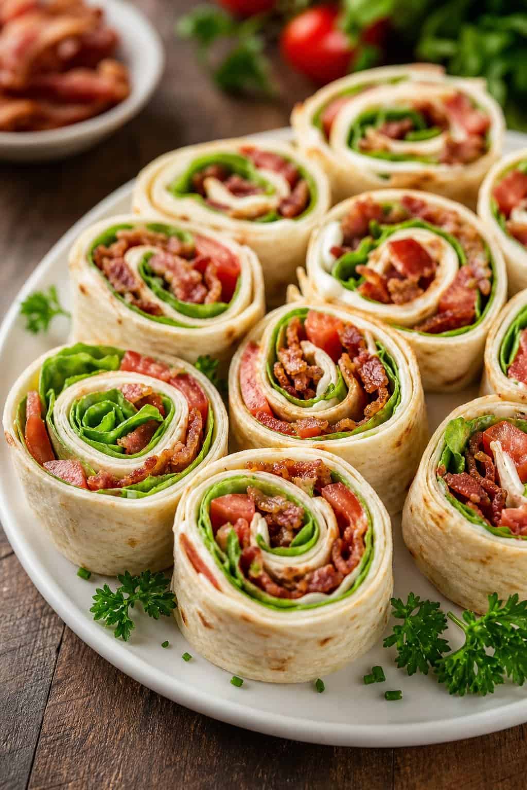 Plate of BLT pinwheel appetizers showing distinct layers of chopped crispy bacon, shredded romaine, and diced tomato inside sliced flour tortilla rolls on a wooden table.