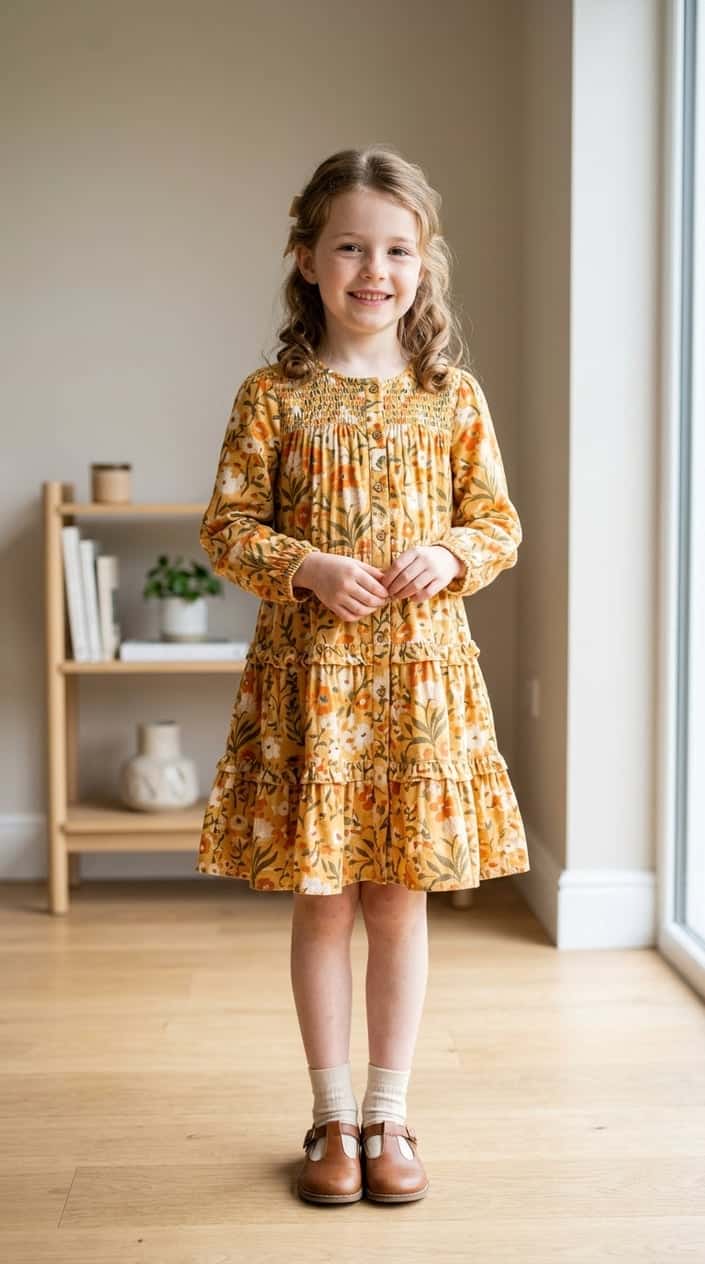 A young girl wearing a yellow floral dress stands indoors with a joyful expression and natural lighting.