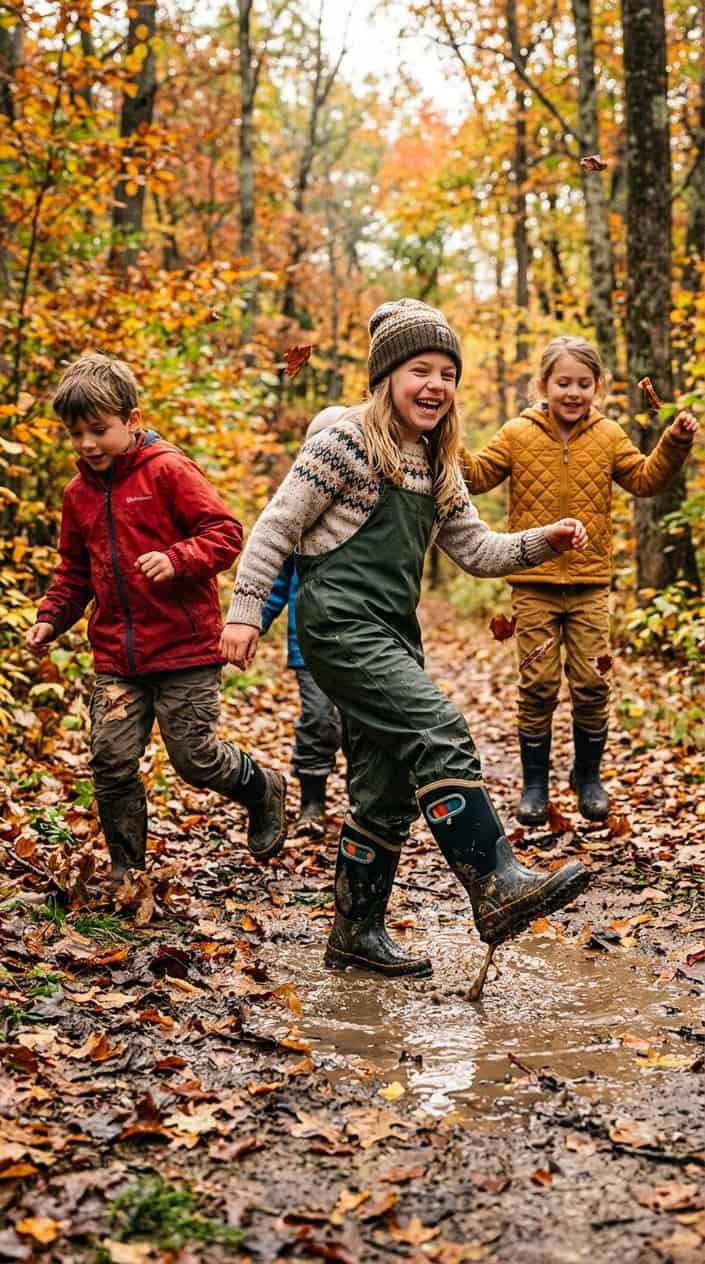 Durable Kids' Clothes for Everyday Wear 11 Children playing outdoors in autumn wearing durable boots and fall clothing.