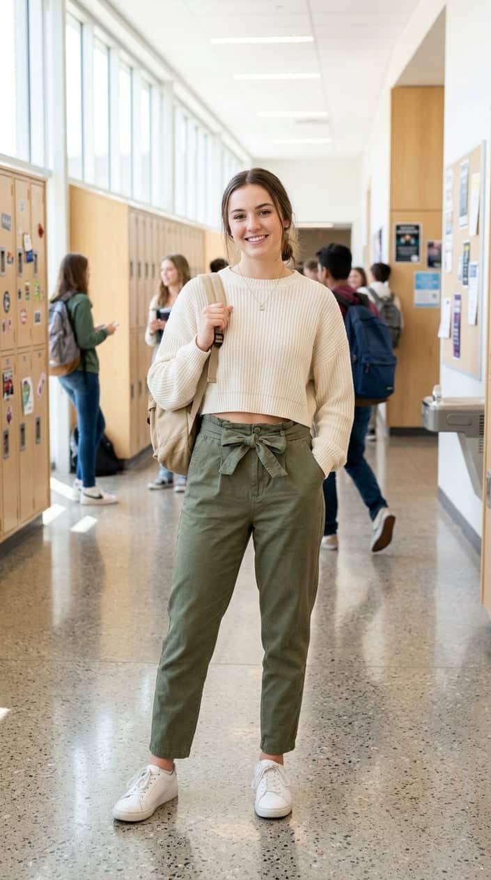 A young person in a school hallway wearing a boxy cropped knit sweater and high-waisted paperbag-tie chinos in khaki, with lockers and windows visible behind them.
